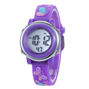 Girls Digital Sport Watches LED with 7 Colors Backlight 3D Butterfly Wristwatch-DarkPurple