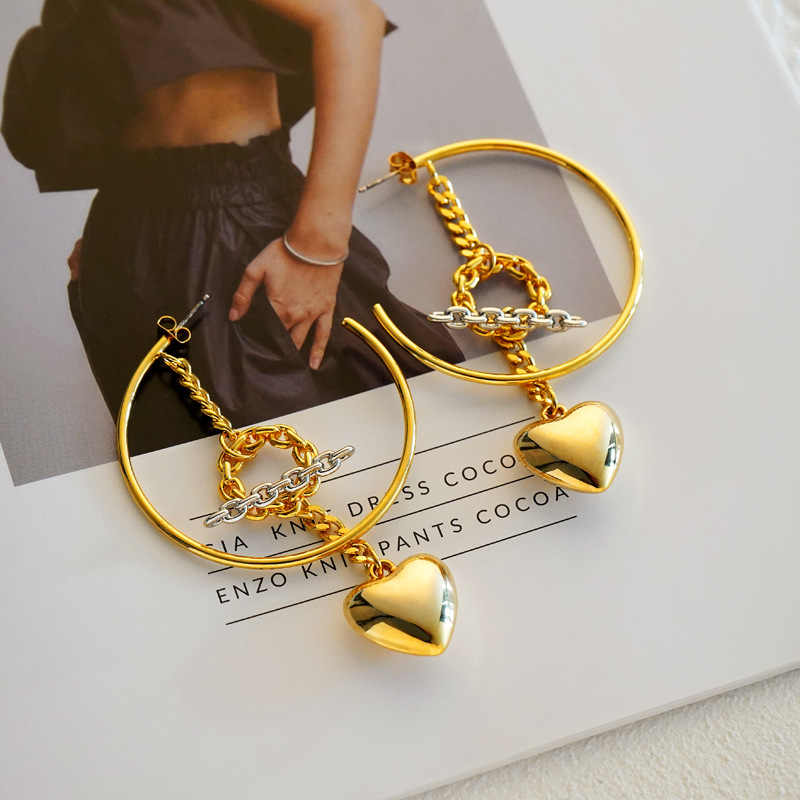 C-shaped Chain Earrings Love Pendant Two Tone Earrings