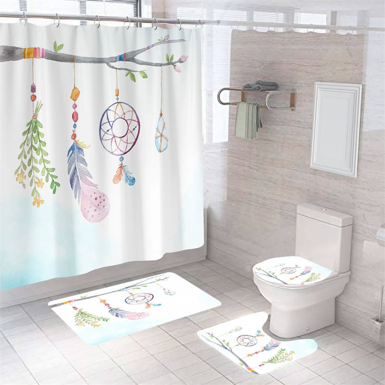 4 Pcs Shower Curtain Set Bath Mat U Shape and Toilet Lid Cover Mat with 12 Hooks-A4