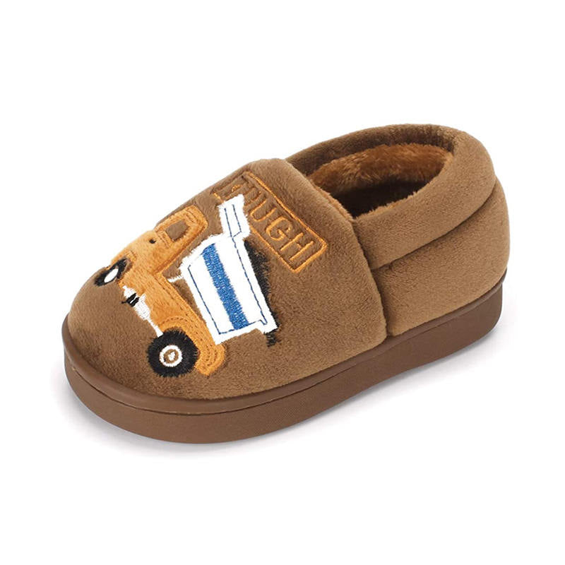 Boys Girls Warm Slippers Cartoon Kids Winter Indoor Household Shoes-Brown