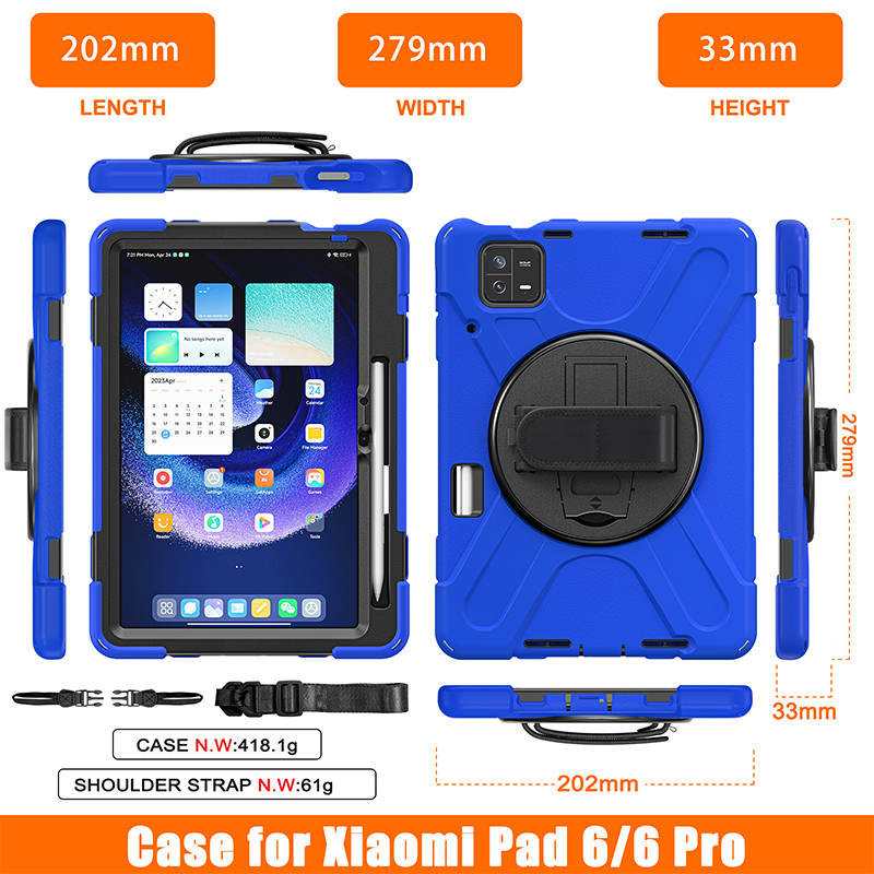 Onepiece Tablet Case for Xiaomi Pad 6 Rugged Lightweight Cover with Handle Strap Shoulder Strap-Blue