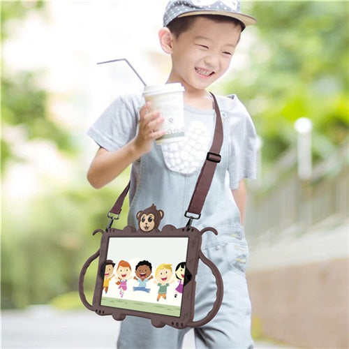 Monkey iPad Case+Neck Strap Cartoon Kids Anti-fall Protective Cover For Samsung Galaxy Tab A 10.1inch£¨2019£©T510/T515-Brown