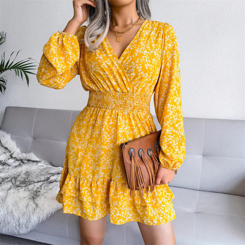 Womens Floral Long Sleeve V Neck Elastic High Waist Chiffon Dress-Yellow