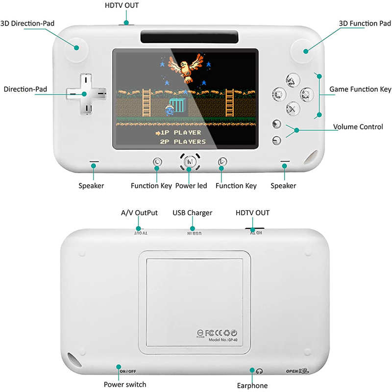 4 in Retro Handheld Game Console 208 Classic FC Games Supports TV Connection-White