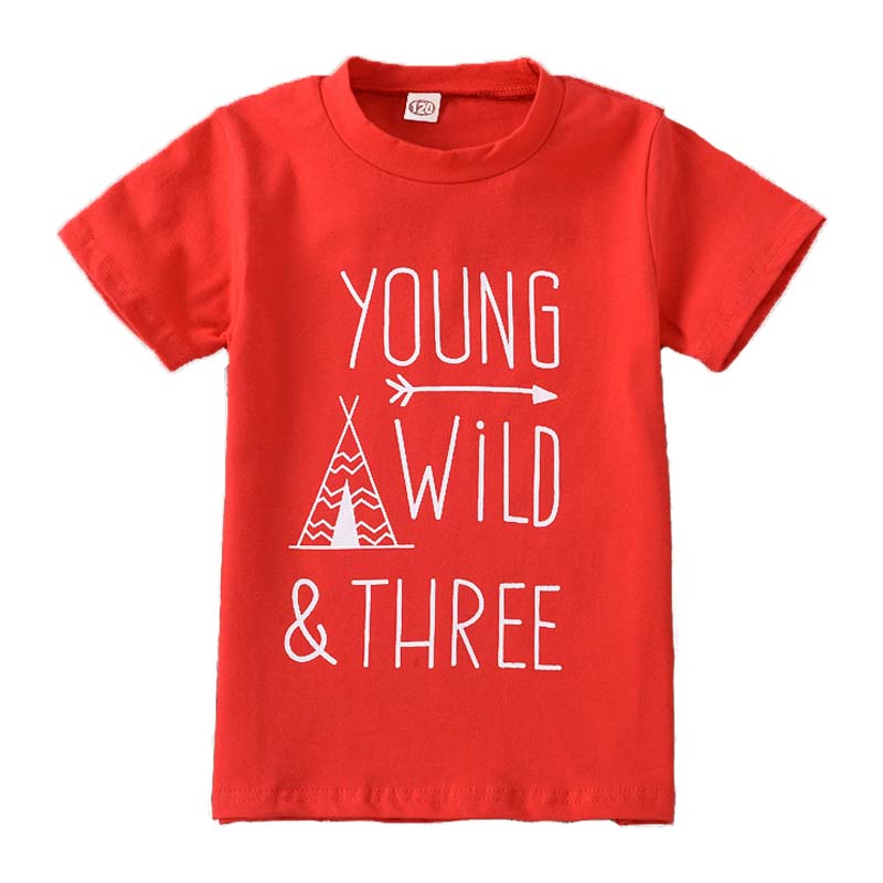 Children Young Wild Letter Print T-Shirts Fashion Short Sleeved-Red
