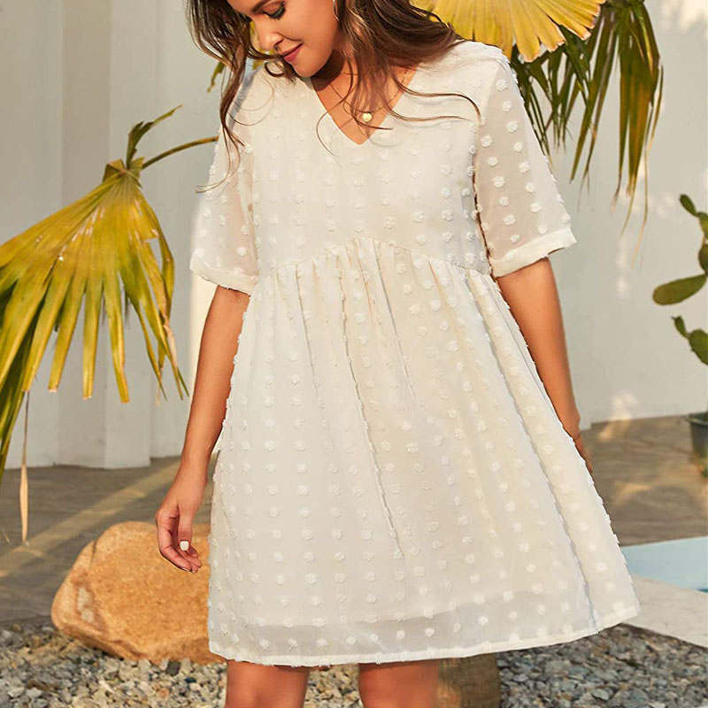 Womens Summer Short Sleeve V-neck Dress Swiss Dot A Line Dresses-Beige