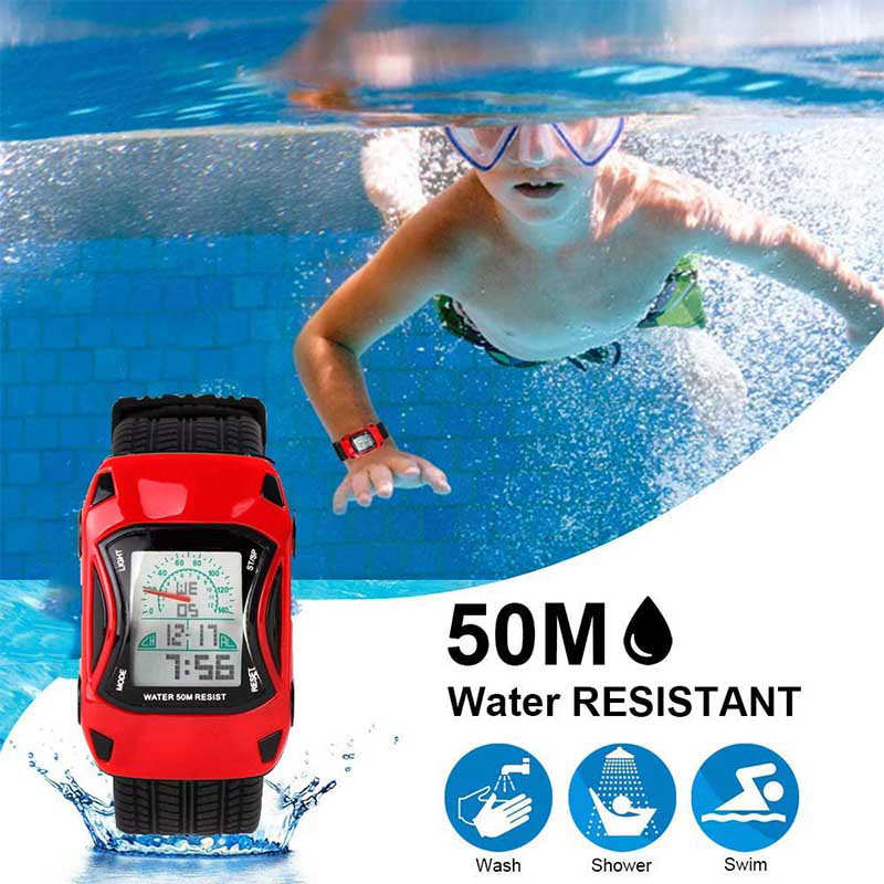 Kids Waterproof Sports Watches Digital LED Car Shape Watches-Red