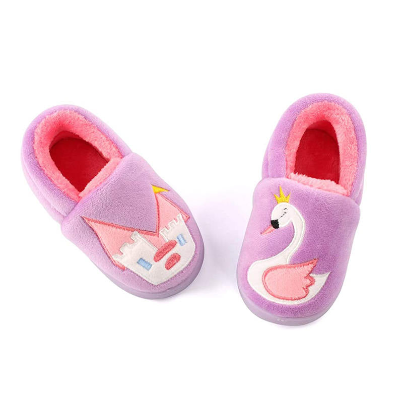 Boys Girls Warm Slippers Cartoon Kids Winter Indoor Household Shoes-Purple