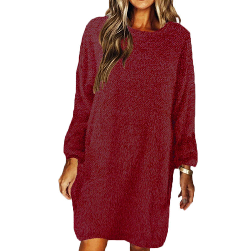 Solid Color Plush Long Sleeve Round Neck Loose Casual Dress-WineRed