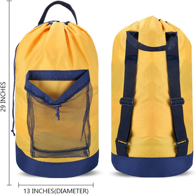 Backpack Laundry Bag With Shoulder Straps And Mesh Pocket Durable Nylon Clothes Bag for College Travel Laundromat -Yellow