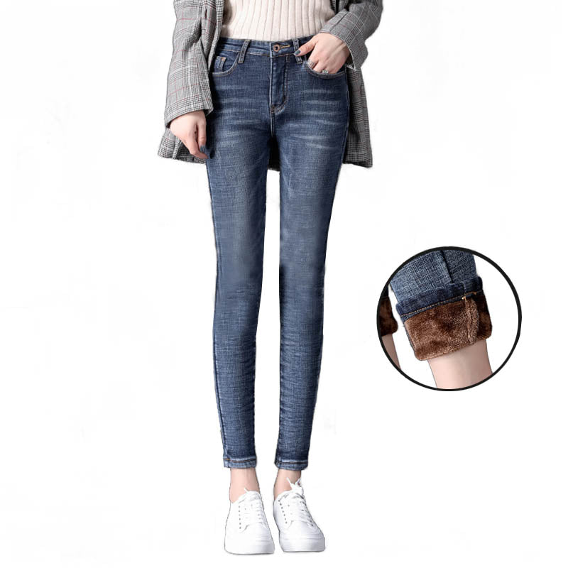 Womens Fleece Jeans with Pockets High Waist Stretch Trousers-688-RetroBlue
