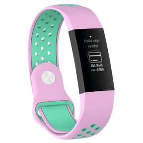 Double Color Porous Breathable Watch Band Silicone Wristband For Fitbit Charge 3 Sport Smartwatch -Pink Teal