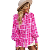 Printed Blouses for Women Button Down Long Sleeve Shirts Loose Fit Tops-RoseRed