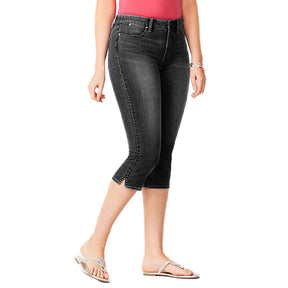 Womens Capri Jeans High Waisted Zipper Button Tight Fit Denim Pants-Black