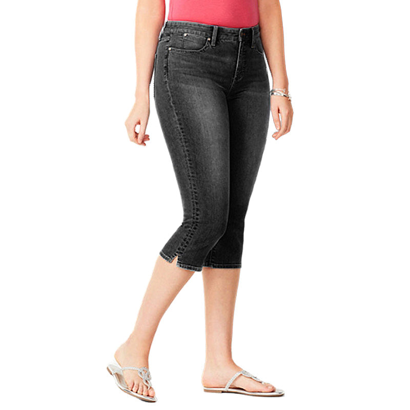 Womens Capri Jeans High Waisted Zipper Button Tight Fit Denim Pants-Black