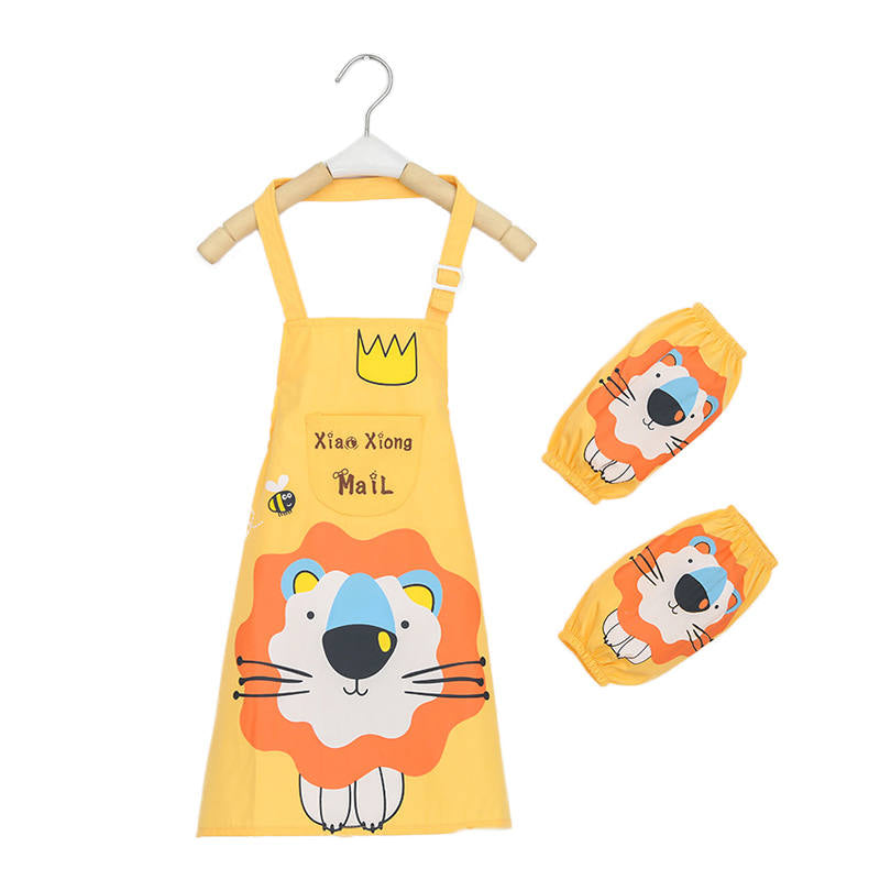 Kids Waterproof Apron Cooking Bib with Sleeve Covers for Painting-Yellow Lion