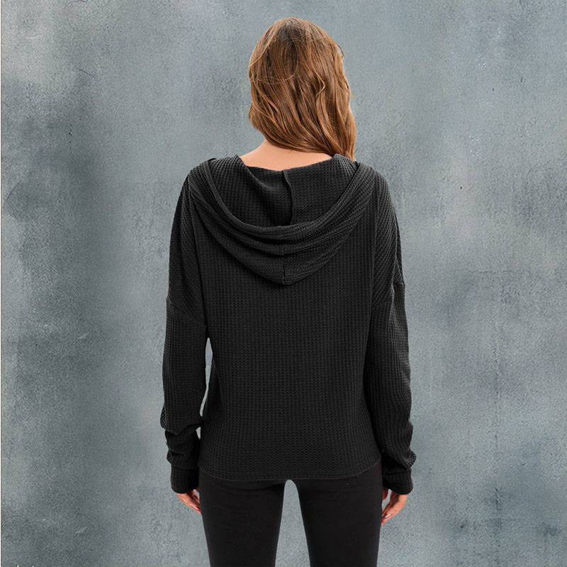 Women Casual Long Sleeve Solid Hooded Drawstring knit Jacket-Black