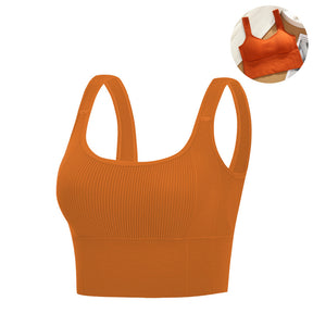 Crop Ribbed Tank Tops Solid Breathable Sports Bra Padded-Orange