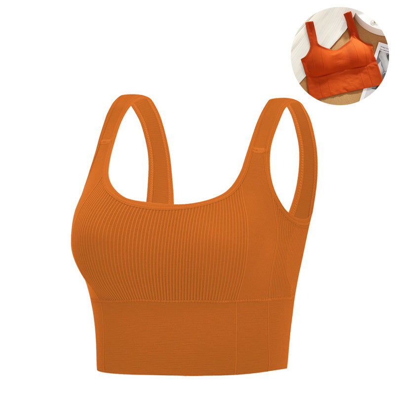 Crop Ribbed Tank Tops Solid Breathable Sports Bra Padded-Orange