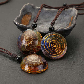 Round Chakra Fossil Resin Pendant Necklace for Women Men