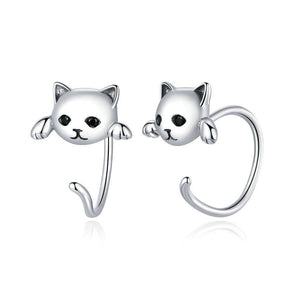 Cute Cat Half Huggie Hoop Earrings for Women Jewelry Gifts-Silver