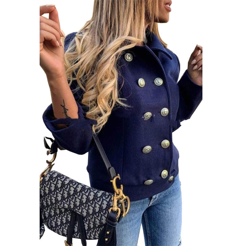 Womens Peacoat Double Breasted Lapel Casual Cropped Jackets Winter-Navy Blue