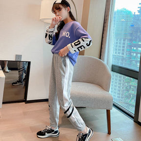 Girls Joggers Long Pants Pockets Outdoor Casual Trousers Two Bars-Gray