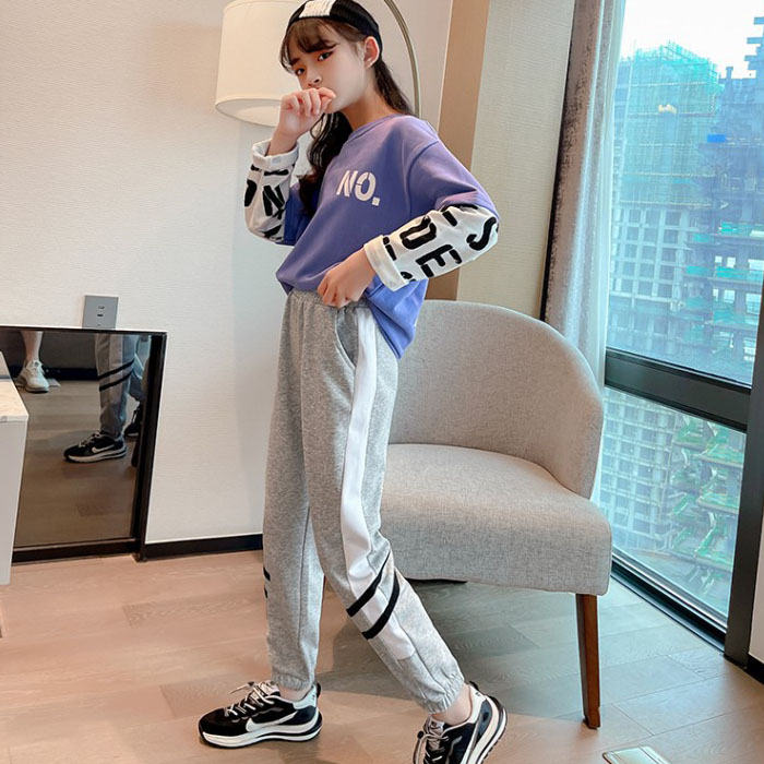 Girls Joggers Long Pants Pockets Outdoor Casual Trousers Two Bars-Gray