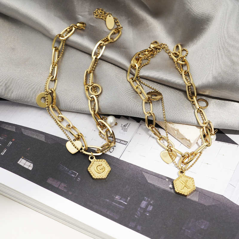 Gold Initial Bracelets for Women Letters Hexagon Pendant Chain-J