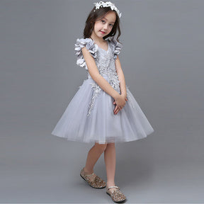 Princess Flower Girl Lace Dress Pageant Kids Christmas Party Dresses-Gray
