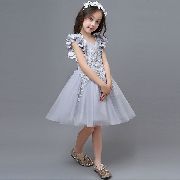 Princess Flower Girl Lace Dress Pageant Kids Christmas Party Dresses-Gray