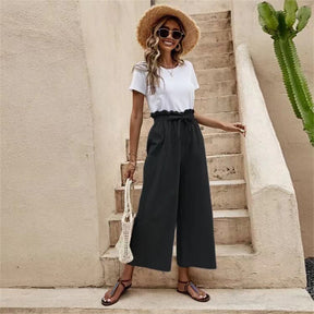 Womens Cropped Wide Leg Pant Elastic Solid Loose Fit Casual Trouser-Black