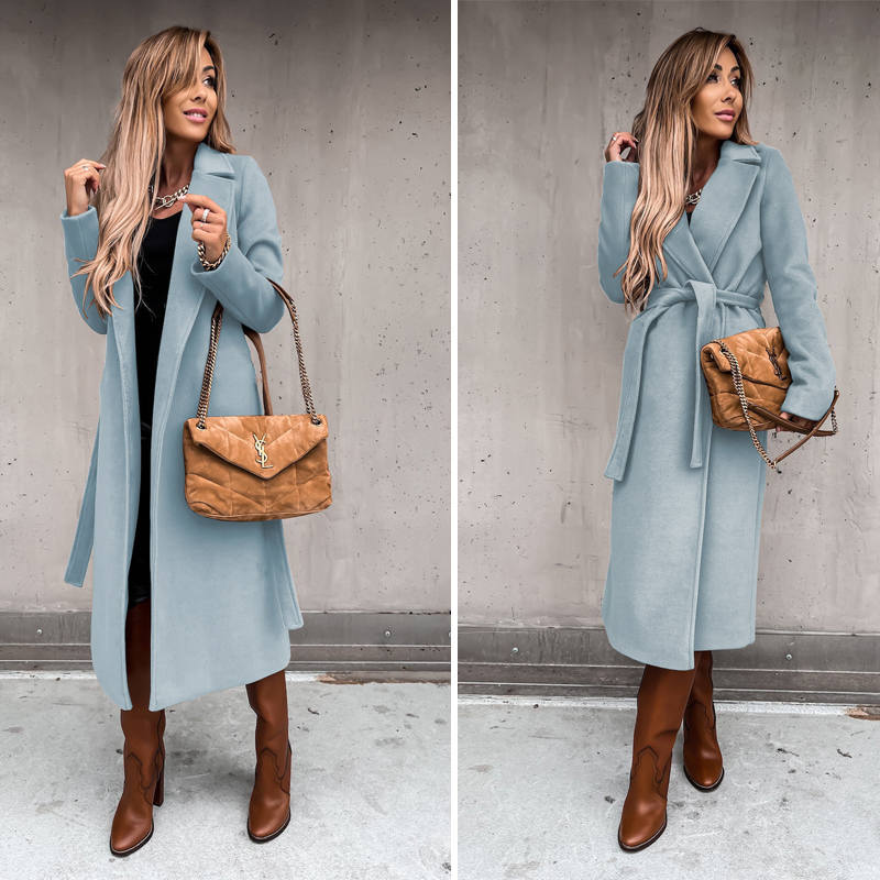 Womens Trench Coats Lapel with Tie Belt Fashion Winter Long Outwear-Sky Blue