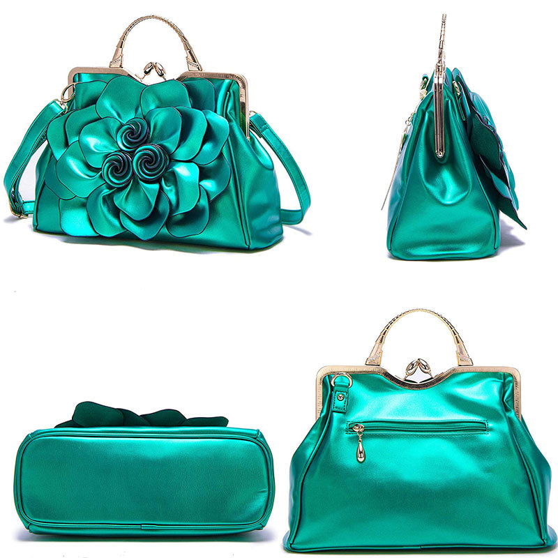 Womens Rose Flower Evening Clutches Formal Party Totes Shoulder Bag-Green