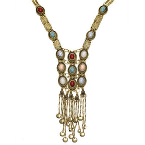 Turquoise Rhinestone Long Tassel Necklace for Women Gold