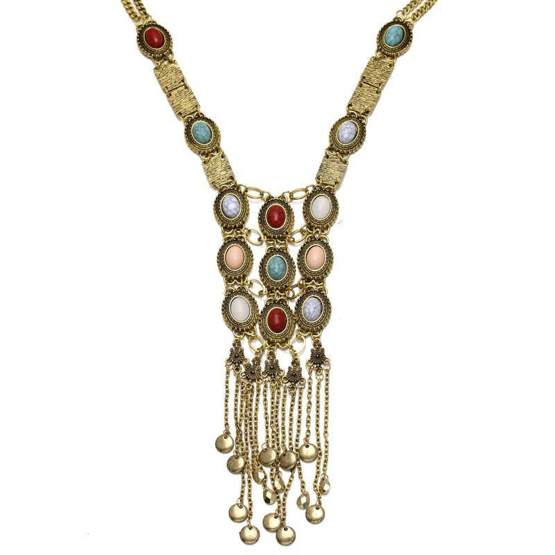 Turquoise Rhinestone Long Tassel Necklace for Women Gold