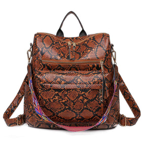 Fashion Backpack Multipurpose Print Leather Travel Shoulder Bag-Brown Snake Pattern