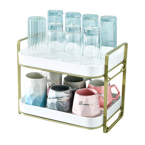 2-Tier Mugs Drying Rack with Drain Tray for Fruits Bowls Storage-White