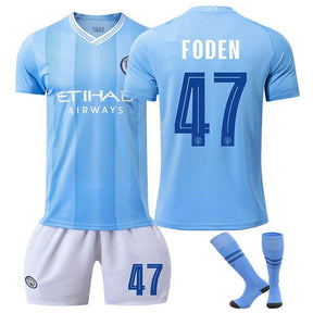 Manchester City Home FODEN #47 Soccer Jersey Kids Adult 3Pcs Kits