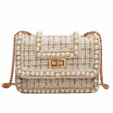 Women Tweed Pearl Chain Purse Crossbody Bag-White