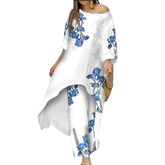 Womens Off Shoulder Irregular Printed Cropped Sleeve Wide Leg Pants Suit-3