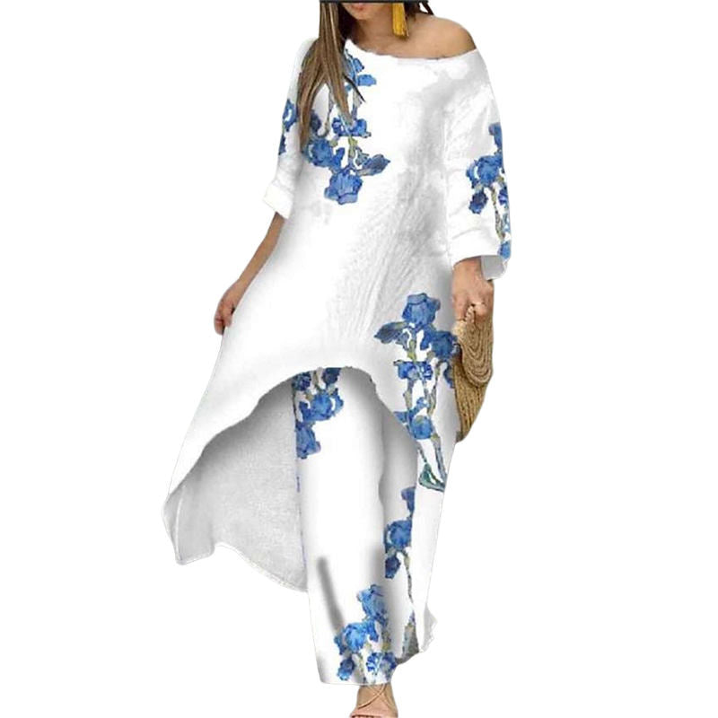 Womens Off Shoulder Irregular Printed Cropped Sleeve Wide Leg Pants Suit-3