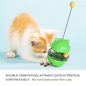 Tumbler Style Cat Food Dispenser Treat Toys with Dual Rolling Balls Detachable Wand-Green