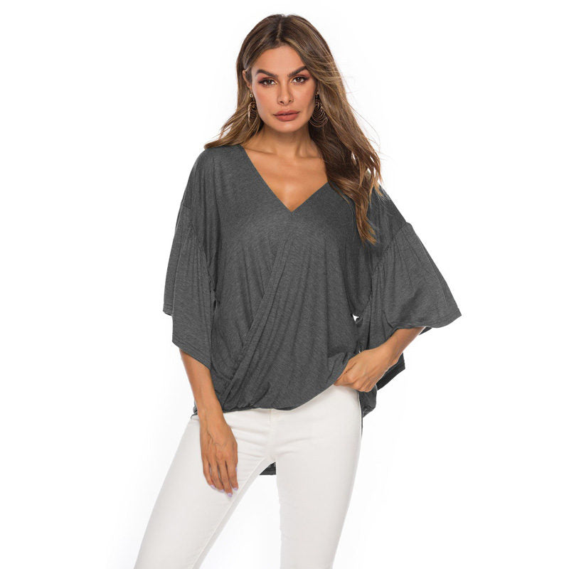 Womens Summer Ruffle Sleeve V-Neck T-Shirt Knot Tops-Grey