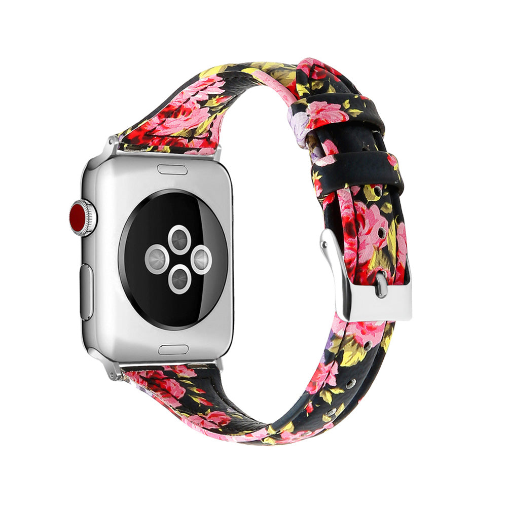 Slim Flower Printed Leather Watch Band For Apple Watch SE/6/5/4/3/2/1(Pink Flower)