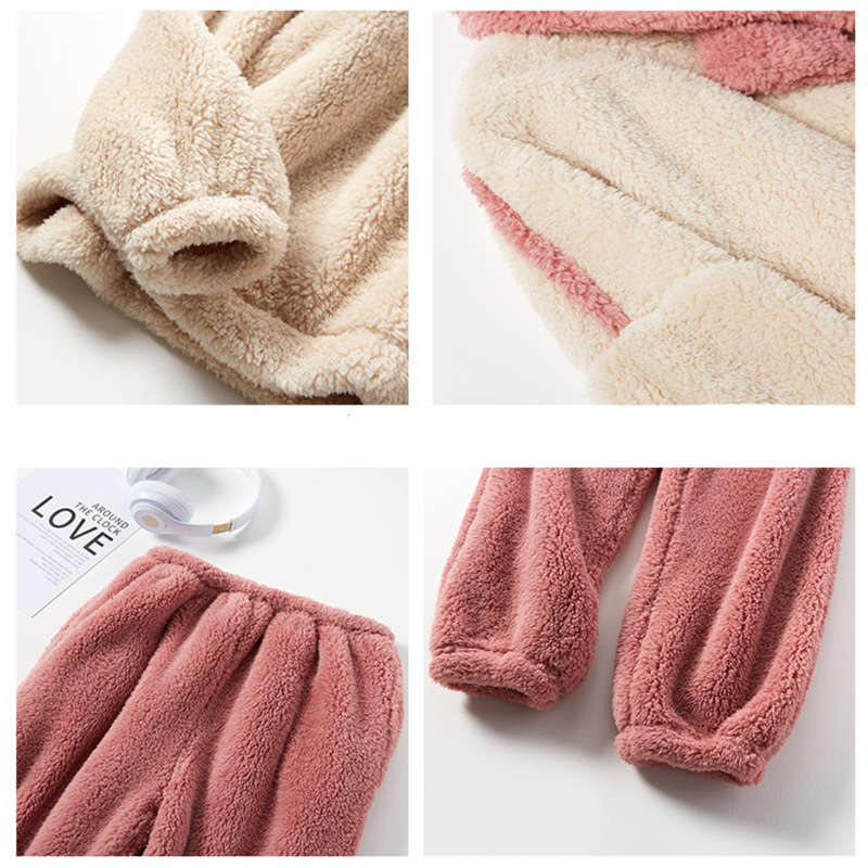 Womens Thickened Coral Fleece Pajamas Set with Scarf-Beige