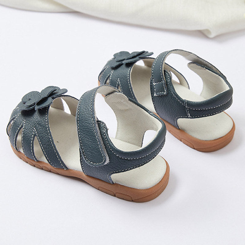 Flat Sandals for Toddler Girls Closed-Toe with Flower Summer Shoes-Blue