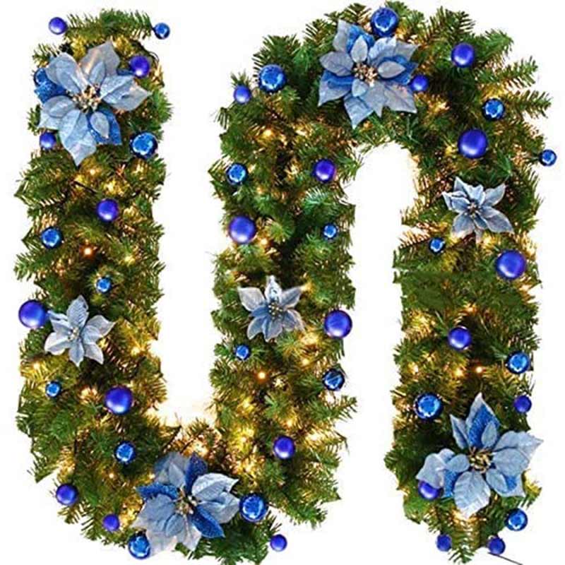 2.7M Christmas Garland with Lights Rattan Artificial Garland Green for Indoor Home Fireplace Stair Decorations-Blue