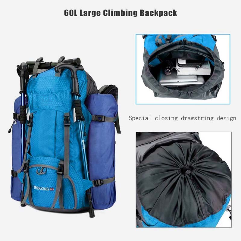 60L Waterproof Lightweight Hiking Backpack with Rain Cover for Climbing Camping-Light Blue