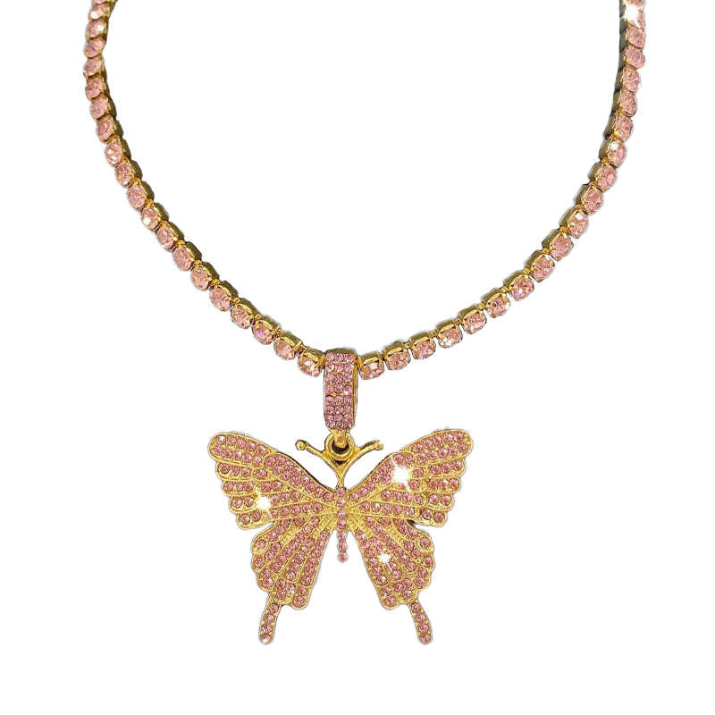 Sparkly Butterfly Rhinestone Pendant Necklaces for Women and Girls-Pink